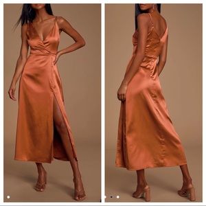 Leave ‘Em Wowed Bronze Satin Midi dress